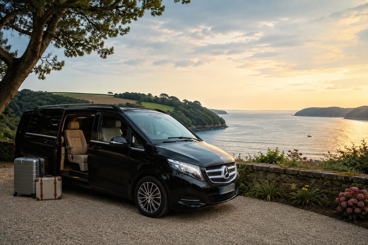 Mercedes V Class with luggage overlooking a Devon estuary at golden sunset
