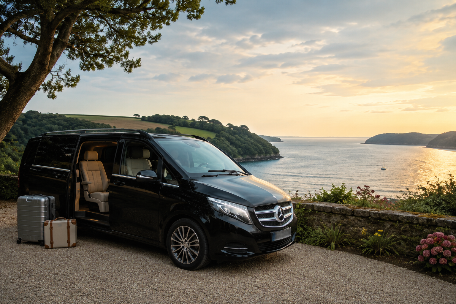 Mercedes V Class with luggage overlooking a Devon estuary at golden sunset