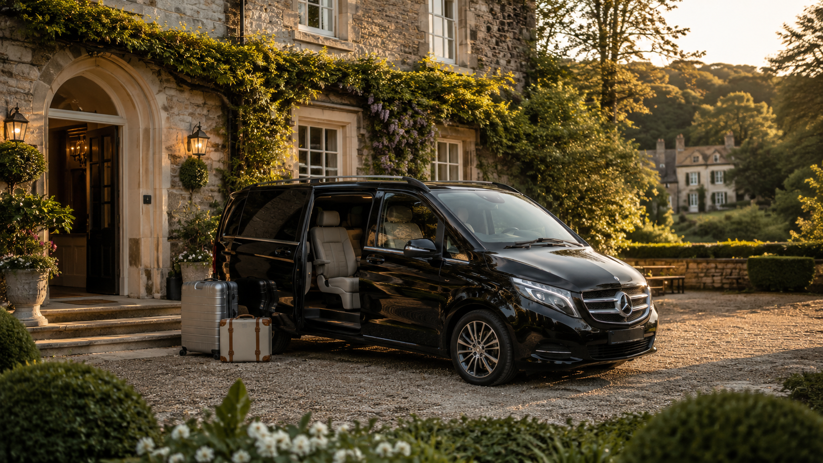 Mercedes V Class collected outside a luxury Devon country house hotel at dawn