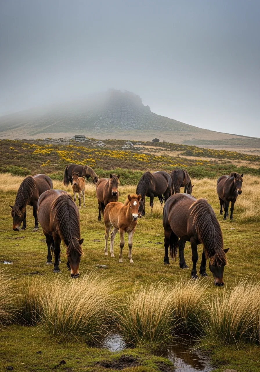Dartmoor ponies on open moorland
