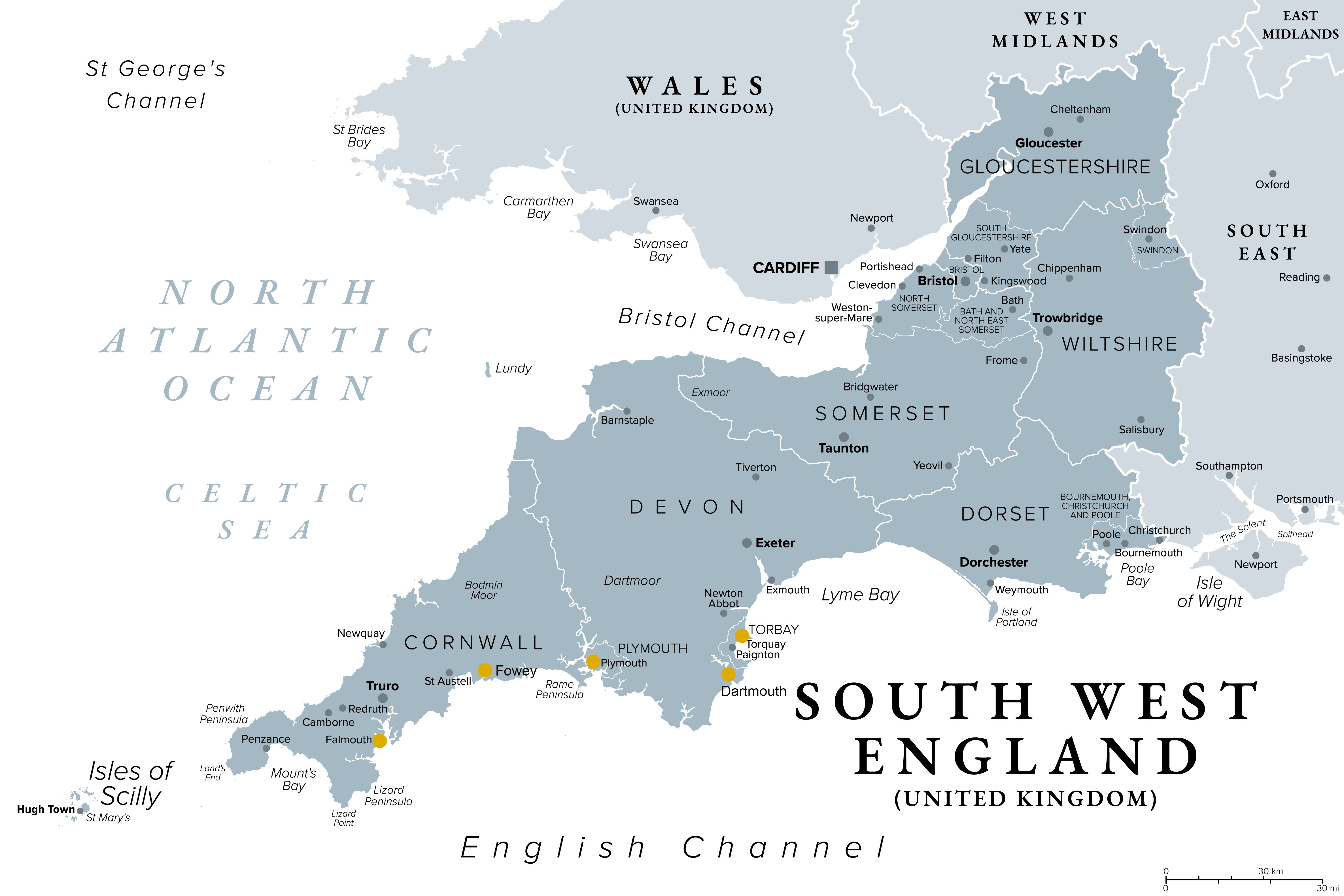 Map of South West England showing cruise ports at Torquay, Dartmouth, Plymouth, Fowey and Falmouth